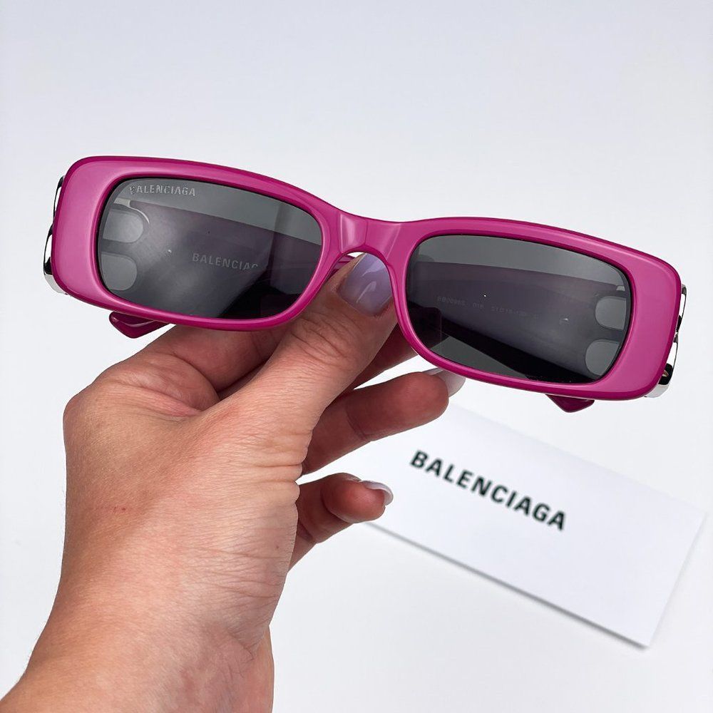Balenciaga BB0096S 016 Sunglasses Fuchsia Purple Silver Logo Rectangle Unisex - Picture 3 of 15